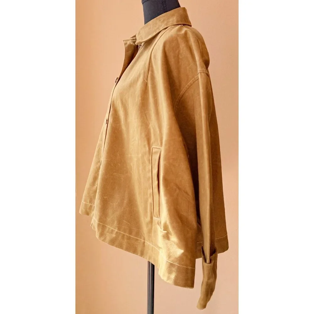 Zara Waxed Cape Style Jacket NWT  Camel Brown Utility Coat Button Front - Picture 3 of 4